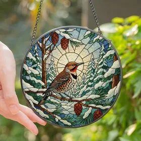Nature Lovers' Intricate Stained Glass Northern Flicker Winter Pine Forest Mosaic Jewel Tones Stained Glass Suncatcher
