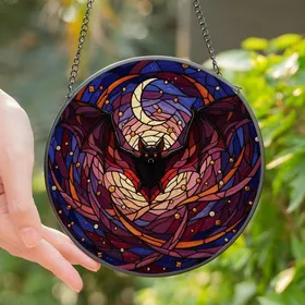 Fantasy Art Lovers' Tiffany Style Stained Glass Bat Amber Magenta Celestial Design Stained Glass Suncatcher
