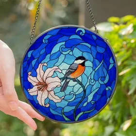 Nature Lovers' Vibrant Orange Bird Pale Pink Lily Stained Glass Art, Intricate Blue Swirl Mosaic Stained Glass Suncatcher
