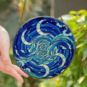 Art Lovers' Tiffany-Style Stained Glass Interlacing Hands, Radiant Blue Crescent Moons & Swirling Cosmic Ocean Mosaic Pattern Stained Glass Suncatcher