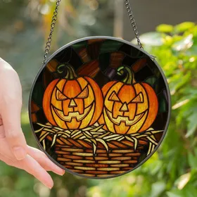 Halloween Enthusiasts' Vibrant Stained Glass Jack-O'-Lanterns, Wicker Basket, Edge-to-Edge Tiffany Art Stained Glass Suncatcher