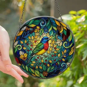 Nature Lovers' Tiffany Stained Glass Painted Bunting Bird Jewel Tone Foliage Mosaic Stained Glass Suncatcher