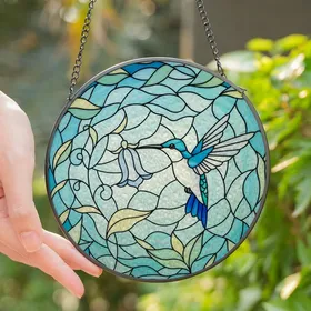 Nature Lovers' Tiffany Style Hummingbird & Campanula Royal Blue Stained Glass Mosaic Stained Glass Suncatcher