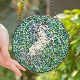Fantasy Art Enthusiasts Tiffany Stained Glass Majestic Unicorn Swirling Floral Wave Mosaic Sky Blue Pastel Pink Design Stained Glass Suncatcher