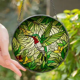 Nature Lovers' Jewel Tone Stained Glass Hummingbird Emerald Lime Tropical Art Stained Glass Suncatcher