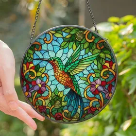 Nature Lovers' Vibrant Emerald Copper Teal Hummingbird Stained Glass Art, Tiffany-Inspired Botanical Mosaic Stained Glass Suncatcher