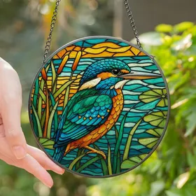 Nature Lovers' Tiffany Stained Glass Kingfisher Teal Emerald Green Orange Yellow Aquatic Mosaic Pattern Stained Glass Suncatcher