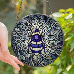 Nature Lovers' Intricate Tiffany Glass Bumblebee Indigo Amethyst Jewel Tone Floral Mosaic Art Stained Glass Suncatcher