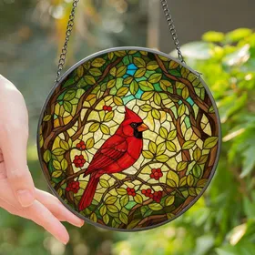 Nature Lovers' Vibrant Red Cardinal Tiffany Stained Glass Forest Canopy Mosaic Stained Glass Suncatcher