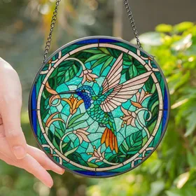 Nature Lovers' Intricate Stained Glass Hummingbird Tropical Foliage Jewel Tone Mosaic Art Stained Glass Suncatcher