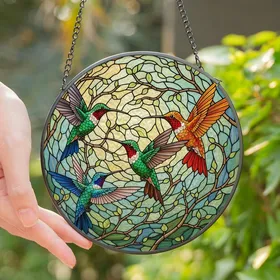 Nature Lovers' Vibrant Tiffany Stained Glass Hummingbird Garden Art, Ruby Emerald Sapphire Orange Rose Stained Glass Suncatcher