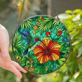 Nature Lovers' Iridescent Hummingbird Hibiscus Stained Glass Tropical Jewel Tone Artwork Stained Glass Suncatcher