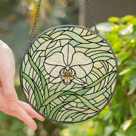 Nature Lovers' Tiffany Style White Orchid Stained Glass, Iridescent Jewel Tones & Abstract Swirls Stained Glass Suncatcher