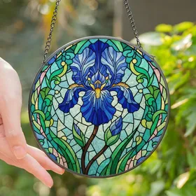 Nature Lovers' Vibrant Blue Iris Tiffany Glass Style Floral Mosaic Jewel Tone Design Stained Glass Suncatcher
