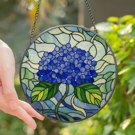 Nature Lovers' Vibrant Tiffany Stained Glass Hydrangea Emerald Green Cerulean Blue Floral Mosaic Pattern Stained Glass Suncatcher