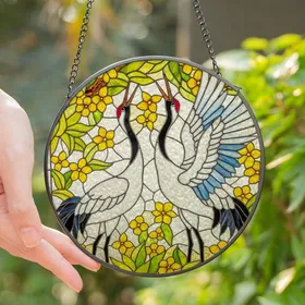 Art Lovers' Tiffany Style Stained Glass Red-Crowned Cranes Crimson Accents Yellow Green Foliage Mosaic Stained Glass Suncatcher