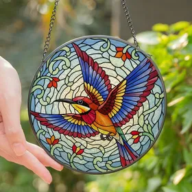 Nature Lovers' Vibrant Tiffany Style Stained Glass Bee-eater Hummingbird Art Mosaic Sky Botanical Orange Teal Mint Yellow Red Stained Glass Suncatcher