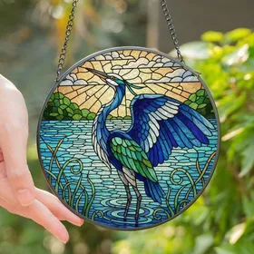 Nature Lovers' Graceful Heron Tiffany Stained Glass Jewel Tone Aquatic Mosaic Pattern Stained Glass Suncatcher