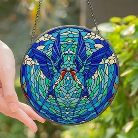 Nature Lovers' Tiffany Stained Glass Swallows Embrace Jewel Tone Mosaic Design Stained Glass Suncatcher