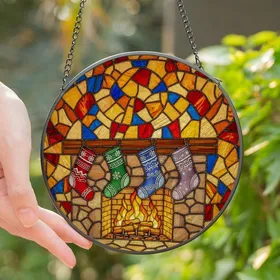 Cozy Holiday Admirers' Tiffany Stained Glass Fireplace, Jewel Tone Stockings, Intricate Geometric Mosaic Stained Glass Suncatcher