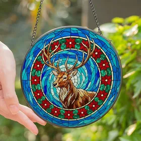 Nature Enthusiasts' Majestic Stained Glass Stag Multi-Pronged Antlers Poinsettia Border Teal Blue Mosaic Stained Glass Suncatcher