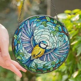 Nature Lovers' Edge-to-Edge Stained Glass Blue Tit, Golden Yellow, Cerulean & Violet Intricate Mosaic Art Stained Glass Suncatcher