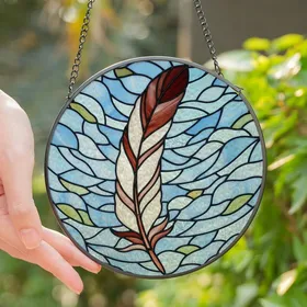 Art Lovers' Detailed Tiffany Feather Milky White Red-Brown Tip Swirling Blue Amber Mosaic Stained Glass Suncatcher