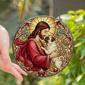 Spiritual Pet Owners' Stained Glass Jesus Pug Tiffany Style Golden Red Blue-Green Intricate Mosaic Stained Glass Suncatcher