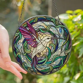 Fantasy Art Lovers' Stained Glass Hummingbird Iridescent Bat Wing Floral Celestial Mosaic Jewel Tones Stained Glass Suncatcher