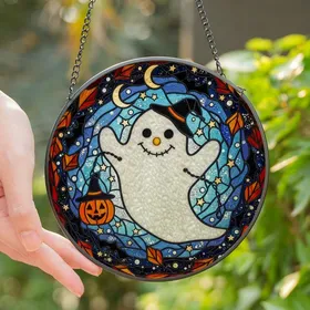 Halloween Enthusiasts' Stained Glass Whimsical Ghost Jack-o'-Lantern Starry Night Bats White Orange Gold Mosaic Art Stained Glass Suncatcher