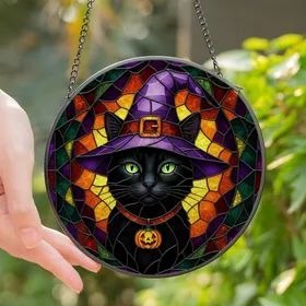 Witchy Cat Lovers' Tiffany Stained Glass Black Cat Witch Hat Jewel Tone Mosaic Stained Glass Suncatcher