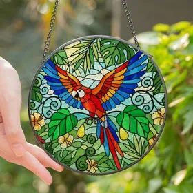 Nature Lovers' Tiffany Stained Glass Vibrant Red Orange Parrot Teal Blue Wings Lush Tropical Foliage Mosaic Stained Glass Suncatcher
