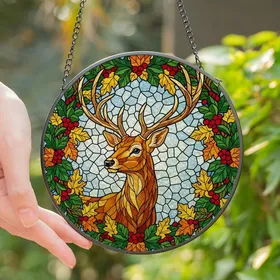 Nature Lovers' Majestic Stained Glass Stag Antlers Jewel Tone Emerald Ruby Sky Mosaic Stained Glass Suncatcher