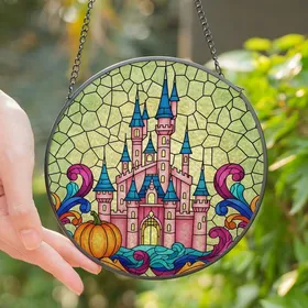 Women's Whimsical Pink Castle Stained Glass Art Glowing Pumpkin Jewel Tones Stained Glass Suncatcher