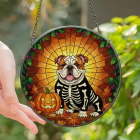 Halloween Pet Lovers' Edge-to-Edge Stained Glass Bulldog Skeleton Pumpkin Mosaic Stained Glass Suncatcher
