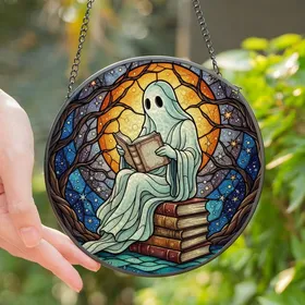 Book Lovers' Ethereal Ghost Reading Stained Glass Amber Moon Deep Blue Forest Mosaic Stained Glass Suncatcher