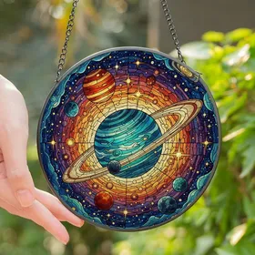 Space Lovers' Intricate Jewel Tone Stained Glass Cosmic Nebula Blue Orange Yellow Gas Giant Stained Glass Suncatcher