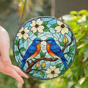 Nature Lovers' Vibrant Tiffany Stained Glass Eastern Bluebirds Dogwood Bloom Mosaic with Royal Blue & Orange Jewel Tones Stained Glass Suncatcher