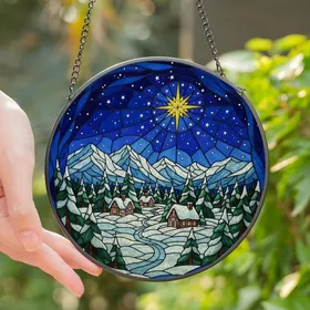 Nature Enthusiasts' Stained Glass Snowy Village, Twinkling Stars & Mountain Peaks Design Stained Glass Suncatcher