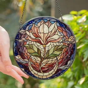 Art Lovers' Intricate Tiffany Stained Glass Magnolia Moon Celestial Mosaic Amber Peach Stained Glass Suncatcher