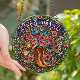 Western & Floral Enthusiasts' Tiffany Stained Glass Cowboy Romance Hibiscus Boots Rococo Filigree Jewel Tones Stained Glass Suncatcher