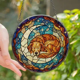 Dog Lovers' Intricate Tiffany Stained Glass Sleeping Golden Retriever Moon Nebula Teal Amber Gold Art Stained Glass Suncatcher