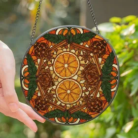 Nature Lovers' Radiant Stained Glass Orange Slices Pinecones Cinnamon Jewel Tones Stained Glass Suncatcher
