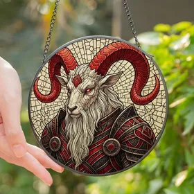 Gothic Art Admirers' Majestic Stained Glass Anthropomorphic Goat Red Horns Amber White Black Mosaic Stained Glass Suncatcher