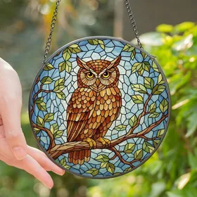 Nature Lovers' Vibrant Stained Glass Owl Tiffany Style Jewel Tone Forest Mosaic Stained Glass Suncatcher