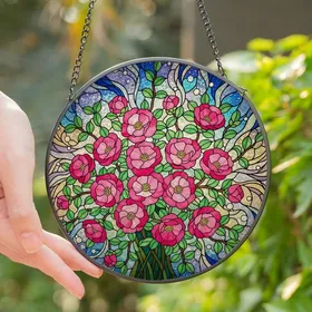 Garden Enthusiasts' Luminous Tiffany Style Pink Camellia Floral Jewel Tone Mosaic Art Stained Glass Suncatcher