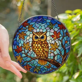Art & Nature Lovers' Majestic Tiffany Style Owl Golden Amber Teal Intricate Mosaic Stained Glass Suncatcher