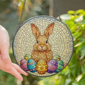 Easter Celebration & Nature Lovers Tiffany Stained Glass Fluffy Brown Rabbit Radiant Jewel Tone Easter Eggs Mosaic Stained Glass Suncatcher