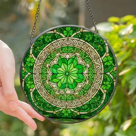 Nature Lovers' Vibrant Tiffany Style Stained Glass Four-Leaf Clover Emerald Green Lime Amber Mosaic Stained Glass Suncatcher