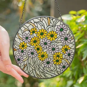 Art Lovers' Intricate Tiffany Style Stained Glass Yellow Purple Daisy Floral Mosaic Stained Glass Suncatcher